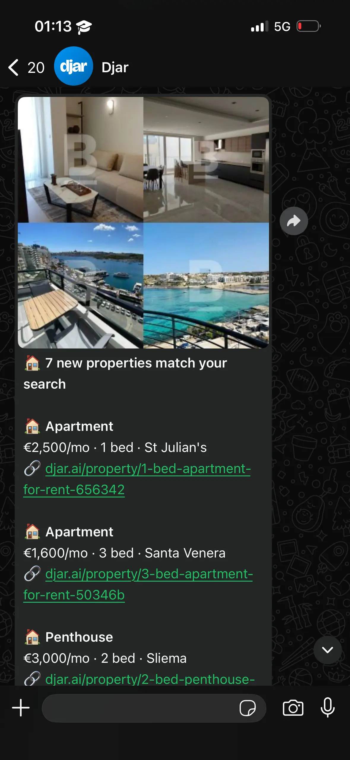 WhatsApp alert showing new Malta property listings