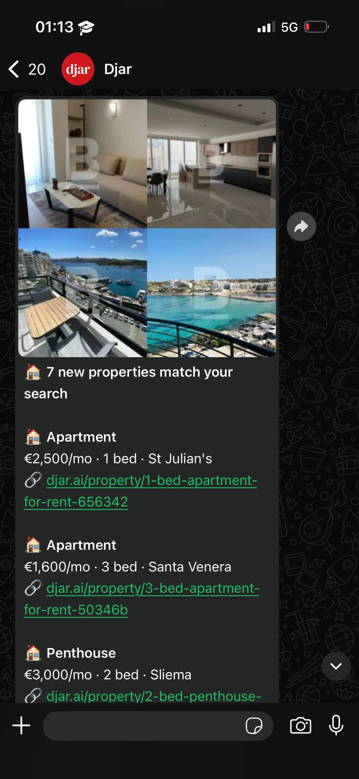 WhatsApp alert showing new Malta property listings